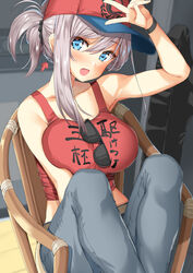  aqua_eyes asymmetrical_hair b-ginga bare_shoulders baseball_cap blush breasts chair chinese_commentary clothes_writing collarbone commentary_request denim earrings fate/grand_order fate_(series) female hand_up hat jeans jewelry knees_up large_breasts long_hair looking_at_viewer midriff miyamoto_musashi_(fate) miyamoto_musashi_(traveling_outfit)_(fate) open_mouth pants pink_hair ponytail red_tank_top sitting smile solo sunglasses tank_top v wristband 