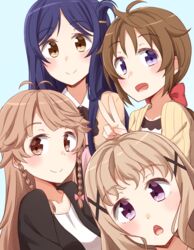  4girls absurdres bad_id bad_pixiv_id black_jacket blue_background blue_hair blush bow braid brown_eyes brown_hair cardigan closed_mouth collared_dress dress hair_ornament hairbow hairclip high_school_fleet highres jacket kapatarou light_brown_hair long_hair marikouji_kaede multiple_girls nosa_kouko open_mouth pink_bow pink_dress purple_eyes red_bow shirt sidelocks simple_background smile twin_braids uda_megumi upper_body very_long_hair white_dress white_shirt x_hair_ornament yagi_tsugumi 