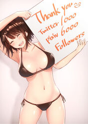  :d ^_^ bad_id bad_pixiv_id bare_shoulders bikini black_bikini blush breasts brown_hair closed_eyes collarbone contllenge facing_viewer female highres holding holding_sign large_breasts milestone_celebration multi-strapped_bikini navel open_mouth original short_hair side-tie_bikini_bottom sign smile solo swimsuit thank_you 