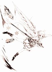  angel_wings belt boots crystal detached_sleeves dress eternity_sword_series female fingerless_gloves flying gloves highres hitomaru long_hair monochrome official_art open_mouth ponytail solo sword very_long_hair weapon wings yuukyuu_no_euphoria yuyu_bluespirit 