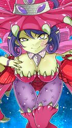  appmon artist_request bandai breast_grab breasts cleavage demon_girl digimon digimon_universe:_appli_monsters fangs female female grabbing hat large_breasts leotard long_hair looking_at_viewer monster_girl pointy_ears solo succubus symbol-shaped_pupils thong warudamon yellow_eyes 