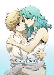  2girls aqua_eyes aqua_hair bare_shoulders bishoujo_senshi_sailor_moon blue_eyes character_name commentary_request couple cover cover_page doujin_cover dress earrings english_text eye_contact gradient_background holding hug imminent_kiss jewelry kaiou_michiru lace long_hair looking_at_another mizuki_mario multiple_girls parted_lips photoshop_(medium) profile shirt short_hair stud_earrings ten&#039;ou_haruka very_short_hair white_dress white_shirt yuri 