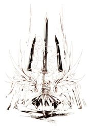  angel_wings armor belt boots cropped_jacket dress eternity_sword_series euphoria_(eternity_sword) female gloves hair_ornament head_wings highres hitomaru huge_weapon jacket monochrome official_art open_mouth pauldrons shoulder_armor solo sword weapon wings yuukyuu_no_euphoria 