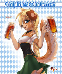  2018 alcohol anthro australian_shepherd bare_shoulders barmaid beer beverage black_nose blonde_hair blue_eyes braided_hair canid canine canis clothed clothing conditional_dnp digital_media_(artwork) dirndl domestic_dog exposure_variation female floppy_ears fluff-kevlar fur furgonomics german_text hair herding_dog holidays long_hair mammal oktoberfest pastoral_dog pattern_background sheepdog signature simple_background smile solo spots text translated upskirt zofie_(fluff-kevlar) 