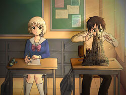  1boy bad_id bad_pixiv_id bag black_hair bob_cut brown_eyes building cathedral chalkboard church classroom commentary concentrating desk eraser female green_eyes highres indoors light_rays looking_to_the_side mechanical_pencil parted_lips pencil pencil_case ruler sagrada_familia school_bag school_desk school_uniform seki_toshinari short_hair sin3c12 sitting sunbeam sunlight sweatdrop tonari_no_seki-kun white_hair writing yokoi_rumi 