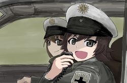  2girls alternate_costume bad_id bad_pixiv_id black_eyes black_jacket brown_hair closed_mouth commentary driving german_text geshiko_(girls_und_panzer) girls_und_panzer hat hida_ema holding holding_radio jacket looking_at_viewer miraruto_(h3yja) multiple_girls open_mouth peaked_cap police police_hat radio short_hair smirk translated v-shaped_eyebrows vehicle_interior white_hat 