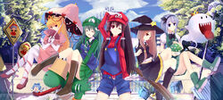  1-up_mushroom 6+girls :p absurdres bad_id bad_pixiv_id bai_kongque blonde_hair blue_eyes blue_hair blush boots bow box breasts broom broom_riding brown_hair cirno closed_eyes cloud cosplay crown dress earrings elbow_gloves flandre_scarlet folding_fan frog_hair_ornament gate ghost gloves green_hair grey_hair hair_ornament hair_tubes hairband hairbow hakurei_reimu hand_fan hat highres hitodama ice ice_wings jewelry katana king_boo kirisame_marisa kochiya_sanae konpaku_youmu konpaku_youmu_(ghost) long_hair long_sleeves luigi luigi_(cosplay) mario mario_(cosplay) mario_(series) medium_breasts mini_person minigirl multiple_girls mushroom panties pantyhose parasol parody pink_dress piranha_plant piranha_plant_(cosplay) ponytail princess_peach princess_peach_(cosplay) purple_eyes pyonta red_eyes remilia_scarlet ribbon road_sign short_hair shorts sign skirt sky smile star_(symbol) sword teeth tongue tongue_out touhou tree umbrella underwear vest wakizashi weapon white_gloves white_legwear wings yakumo_yukari yoshi 