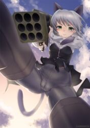  animal_ears ass ass_visible_through_thighs black_pantyhose black_skirt blush breasts cameltoe carbon12th cat_ears cat_girl cat_tail closed_mouth cloud commentary crotch_seam english_commentary evening extra_ears female fliegerhammer flying green_eyes grey_hair holding holding_weapon looking_at_viewer military military_uniform multishot_rocket_launcher outdoors pantyhose rocket_launcher sanya_v._litvyak short_hair skirt sky solo spread_legs strike_witches striker_unit tail uniform weapon world_witches_series 