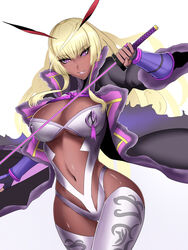  blonde_hair breast_rings commentary dark-skinned_female dark_skin female highres itou_ittousai_(sengoku_bushouki_muramasa) katana kumiko_shiba long_hair navel purple_eyes sengoku_bushouki_muramasa simple_background solo sword thighs weapon white_background wide_hips 