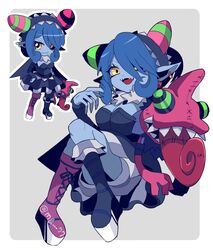  appmon artist_request bandai blue_hair breasts cleavage demon_girl digimon digimon_universe:_appli_monsters female female full_body long_hair looking_at_viewer mienumon monster_girl multiple_views pointy_ears smile solo succubus yellow_eyes 