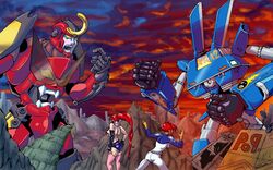  2girls armor ass bare_shoulders belt bikini bikini_top_only blue_shorts bodysuit breasts clenched_hand cloud cloudy_sky commentary_request cowboy_shot elbow_gloves fangs gainax gloves gurren-lagann hair_ornament hair_stick inkmonkey-woodis kiva large_breasts long_hair mecha medium_breasts megas_xlr megas_xlr_(mecha) mountain multiple_girls pink_legwear pointing pointing_at_self ponytail red_hair robot scarf short_hair short_shorts shorts shoulder_pads sideboob sidelocks single_elbow_glove sky standing studded_belt swimsuit tengen_toppa_gurren_lagann thighhighs very_long_hair white_bodysuit yoko_littner 