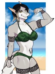  2018 5_fingers alpha_channel anthro beach bikini breasts clothing collarbone digital_media_(artwork) eyebrows eyelashes female fingers fish flexing hair hi_res laguna_silverjaw looking_at_viewer marine markings muscular muscular_anthro muscular_female navel non-mammal_breasts outside porin seaside shaded shark short_hair smile solo standing swimwear teeth thick_thighs yellow_eyes 