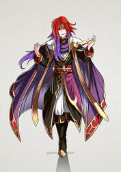  1boy book boots cape commentary_request evil_grin evil_smile fantasy fire_emblem fire_emblem:_genealogy_of_the_holy_war fire_emblem:_the_sacred_stones fusion grin gzei holding holding_book julius_(fire_emblem) long_hair lyon_(fire_emblem) photoshop_(medium) red_hair simple_background smile 