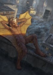  2018 anthro bat brown_fur detailed_background digital_media_(artwork) flying_fox fruit_bat fur hair happy latex_(artist) lying male mammal naturally_censored outside realistic rooftop smile solo specter_koen stripes white_hair wings 