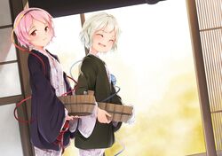  2girls an-telin blush gray_hair headband japanese_clothes komeiji_koishi komeiji_satori pink_hair red_eyes short_hair touhou yukata 