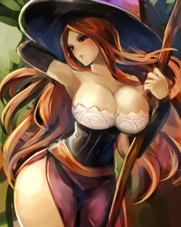  bare_shoulders breasts brown_eyes cleavage commentary_request detached_sleeves dragon&#039;s_crown dress female hat kobanzame large_breasts long_hair looking_to_the_side red_hair side_slit solo sorceress_(dragon&#039;s_crown) staff strapless strapless_dress thick_thighs thighs witch witch_hat 