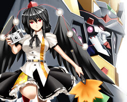  belt black_hair black_wings camera commentary_request crossover female fumizuki_homura glowing glowing_eye hand_fan hat hauchiwa looking_at_viewer mecha neckerchief photoshop_(medium) profile red_eyes robot shameimaru_aya short_hair shurouga skirt smile solo super_robot_wars super_robot_wars_z super_robot_wars_z1 tokin_hat touhou wings 