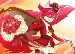  animal_ears artist_name bouquet brown_cape cape choker commentary_request cure_chocolat dog_ears dog_tail earrings extra_ears female flower gloves hat jewelry kenjou_akira kirakira_precure_a_la_mode magical_girl precure red_eyes red_hair rose short_hair tail tsujiori white_gloves 