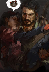  1boy beard carrying closed_eyes commentary_request ellie_(the_last_of_us) facial_hair female joel_(the_last_of_us) lixiaoyao_ii manly photoshop_(medium) princess_carry the_last_of_us the_last_of_us_(series) 