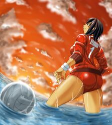  absurdres ass ayuhara_natsu back bad_id bad_pixiv_id black_hair brown_eyes cloud female from_below highres justice_gakuen re._kagaku_choumiryou sky smile solo volleyball water wet 