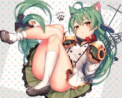  :3 ahoge akashi_(azur_lane) allen_wrench animal_ears ass asymmetrical_legwear azur_lane bell black_bow black_footwear black_sailor_collar bow braid buttons cat_ears character_name choker closed_mouth collarbone commentary double-breasted dress female flat_chest full_body glint green_hair hair_between_eyes hairbow hands_up head_tilt headgear jingle_bell kayase kneehighs knees_up long_hair long_sleeves looking_at_viewer machinery mole mole_under_eye neck_bell orange_bow orange_eyes paw_print polka_dot polka_dot_background red_bow red_ribbon ribbon ribbon_choker sailor_collar sailor_dress screwdriver shiny_skin shoes short_dress sidelocks sleeves_past_fingers sleeves_past_wrists smile socks solo sparkle thighs turret tweezers uneven_legwear very_long_hair white_background white_dress white_socks wrench 