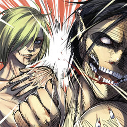  1boy black_hair blonde_hair collarbone commentary_request female female_titan grey_eyes no_pupils open_mouth pointy_ears rogue_titan shingeki_no_kyojin shiromi_(ringo) short_hair slapping teeth titan_(shingeki_no_kyojin) 