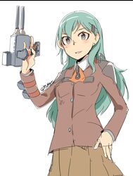  breasts commentary_request female green_hair gun hair_ornament hairclip highres isetta kantai_collection long_hair military military_uniform school_uniform skirt smile suzuya_(kancolle) uniform weapon 