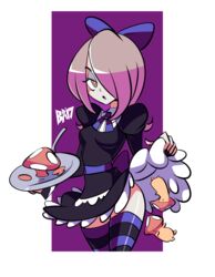  bigdead93 bow breasts cosplay female gothic_lolita hair_over_one_eye lavender_hair little_witch_academia lolita_fashion mushroom panty_&amp;_stocking_with_garterbelt ribbon solo stocking_(psg) stocking_(psg)_(cosplay) sucy_manbabalan thighhighs 