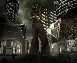  absurd_res anthro border_collie canid canine canis city collie domestic_dog fauxlacine female gas_mask gun herding_dog hi_res low-angle_view macro mammal mask micro pastoral_dog paws ranged_weapon sheepdog shotgun size_difference sofia_fluttertail story story_in_description urban violence weapon 