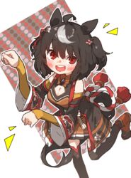  :d ahoge amonitto animal_ears black_hair black_thighhighs blush bob_cut breasts cleavage_cutout clothing_cutout female from_above golshi&#039;s_first_place_pose highres horse_ears horse_girl horse_pose horse_tail kitasan_black_(umamusume) kouhaku_nawa long_sleeves looking_at_viewer medium_breasts multicolored_hair red_eyes red_ribbon ribbon rope shimenawa short_hair smile solo standing standing_on_one_leg streaked_hair tail thighhighs two-tone_hair two_side_up umamusume white_hair wide_sleeves 