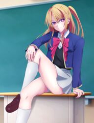  arm_support black_vest blonde_hair blue_jacket blush bow bowtie brown_footwear chalkboard classroom closed_mouth collared_shirt commentary cropped_jacket desk female foot_out_of_frame grey_skirt hair_between_eyes hattyake7 highres hoshino_ruby indoors jacket knee_up kneehighs loafers long_hair long_sleeves looking_at_viewer mismatched_pupils on_desk one_side_up open_clothes open_jacket oshi_no_ko panties pantyshot pink_bow pink_bowtie pink_eyes pleated_skirt school_uniform shirt shoes sidelocks sitting skirt smile socks solo star-shaped_pupils star_(symbol) symbol-shaped_pupils thighs underwear vest white_panties white_shirt white_socks youtou_high_school_uniform 