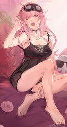  absurdres bare_shoulders barefoot black_choker black_nightgown blush breasts choker cleavage collarbone commentary feet female highres hololive hololive_english large_breasts legs long_hair looking_at_viewer messy_hair mori_calliope mori_calliope_(sleepwear) nightgown official_alternate_costume open_mouth pink_hair red_eyes saliva sitting skull_choker sleep_mask solo toenails toes tsuiru virtual_youtuber yawning 