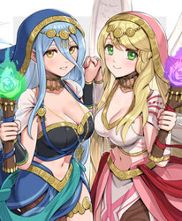  2girls alternate_costume angel_wings azura_(fire_emblem) azura_(hatari)_(fire_emblem) bandeau black_bandeau blonde_hair blue_cape blue_hair blush breasts cape circlet cleavage collar collarbone commentary_request cowboy_shot crop_top feathered_wings fire_emblem fire_emblem:_radiant_dawn fire_emblem_fates fire_emblem_heroes gonzarez green_eyes grin hair_between_eyes hands_up highres holding holding_hands holding_torch large_breasts leanne_(fire_emblem) leanne_(hatari)_(fire_emblem) long_hair looking_at_viewer midriff multiple_girls navel official_alternate_costume parted_lips partial_commentary see-through sidelocks single_leg_pantyhose smile standing thighlet torch vambraces veil very_long_hair waist_cape white_cape white_wings wings yellow_eyes 