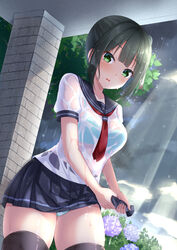  aqua_panties blue_bra blush bra bra_visible_through_clothes breasts brown_hair cloud cloudy_sky d: female flower green_eyes gungun_(hakutou7887) highres looking_at_viewer medium_breasts microskirt neckerchief open_mouth original outdoors panties panty_peek rain red_neckerchief school_uniform see-through serafuku shirt short_hair short_sleeves skirt sky solo thick_thighs thighhighs thighs underwear upskirt water wet wet_clothes wet_shirt white_shirt wringing_clothes wringing_skirt 