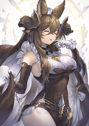  animal_ears armpit_peek asymmetrical_hair breasts brown_hair brown_horns closed_eyes detached_sleeves extra_ears female frilled_sleeves frills galleon_(granblue_fantasy) gloves granblue_fantasy highres horns long_hair medium_breasts multicolored_hair pointy_ears sleeves_past_wrists solo streaked_hair thighs very_long_hair white_gloves white_headdress yuiko_(yuiyuiko_108) 