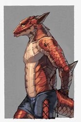  2:3 anthro blep bottomwear clothed clothing garnid_zeke_(inubikko) horn inubikko male scalie shorts side_view solo tongue tongue_out topless topless_anthro topless_male 