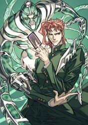  2boys card commentary_request gakuran green_eyes hierophant_green holding holding_card jojo_no_kimyou_na_bouken kakyoin_noriaki komiya_kuniharu male_focus multiple_boys pose red_hair school_uniform stand_(jojo) stardust_crusaders tentacle 