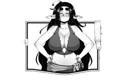  bankage blush breasts cleavage commentary crop_top elfie_(bankage) female greyscale hands_on_own_hips large_breasts long_hair midriff monochrome navel original plunging_neckline pointy_ears smile solo thick_eyebrows very_long_hair 