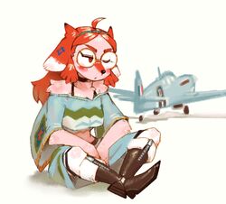  2018 ahoge aircraft anthro biped blush breasts canid canine canis clothed clothing domestic_dog eyewear female fur glasses hair hideki_kaneda long_hair mammal midriff one_eye_closed open_mouth pink_body pink_fur red_eyes red_hair simple_background sitting solo spitfire_(hideki_kaneda) supermarine_spitfire vehicle white_background 