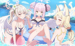  3girls :p animal_ear_fluff animal_ears ball bare_shoulders barefoot beachball bikini black_bikini black_scrunchie blonde_hair blue_archive blue_flower blue_sky breasts brown_eyes brown_hair casual_one-piece_swimsuit cleavage closed_mouth cloud collarbone commentary_request day double_bun feet flower hair_between_eyes hair_bun hair_flower hair_ornament halo highres holding holding_ball innertube large_breasts leaning_forward legs long_hair mika_(blue_archive) multiple_girls nagisa_(blue_archive) one-piece_swimsuit outdoors pink_flower pink_hair red_eyes scrunchie seia_(blue_archive) side_ponytail sky smile soles spread_toes swim_ring swimsuit synn032 tail tea_party_(blue_archive) toes tongue tongue_out very_long_hair wading water white_bikini white_flower white_one-piece_swimsuit wrist_scrunchie yellow_eyes 