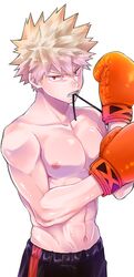  1boy abs bakugou_katsuki black_shorts blonde_hair boku_no_hero_academia boxing_gloves commentary gloves hands_up highres looking_at_viewer male_focus mouth_hold navel nipples orange_gloves pectorals red_eyes red_gloves sato_unta short_hair shorts simple_background solo spiked_hair sportswear symbol-only_commentary topless_male upper_body white_background 