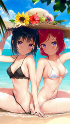  2girls alternate_costume arm_up armpit_peek bare_shoulders beach bikini black_bikini blue_hair blunt_bangs blush breasts cleavage closed_mouth cloud day detexted flower from_side hand_on_headwear hat hat_flower highres holding_hands in-franchise_crossover lace lace-trimmed_bikini lace_trim long_hair looking_at_viewer love_live! love_live!_school_idol_project love_live!_sunshine!! medium_hair mignon multiple_girls navel nishikino_maki non-web_source outdoors partially_submerged photoshop_(medium) purple_eyes red_hair shared_hat side-tie_bikini_bottom sideboob sitting sky small_breasts smile stomach straw_hat sun_hat swimsuit third-party_edit tsushima_yoshiko underboob untied_bikini wet white_bikini 