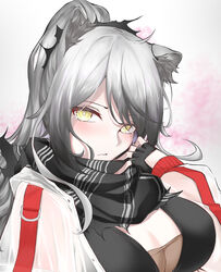  a9_(repainter) absurdres animal_ear_fluff animal_ears arknights black_gloves black_scarf breasts cat_ears cleavage commentary female fingerless_gloves gloves grey_hair hand_up highres jacket large_breasts long_hair long_sleeves looking_at_viewer open_clothes open_jacket scarf schwarz_(arknights) solo upper_body white_jacket yellow_eyes 