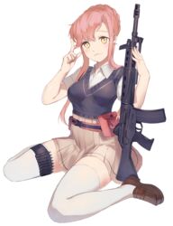  assault_rifle belt belt_pouch black_vest braid braided_bun brown_footwear brown_skirt character_request closed_mouth collared_shirt female gun hair_bun highres holding holding_gun holding_weapon hoojiro howa_type_89 index_finger_raised loafers looking_at_viewer miniskirt pink_hair pleated_skirt pouch rick_g_earth rifle school_uniform shirt shoes short_sleeves simple_background single_hair_bun sitting skirt smile solo thighhighs vest wariza weapon white_background white_shirt white_thighhighs wing_collar yellow_eyes 