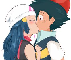  1boy bad_id bad_pixiv_id beanie black_hair black_shirt blue_hair blush brown_eyes closed_eyes commentary_request dawn_(pokemon) female from_side hair_ornament hairclip haruzu2000 hat heart kissing long_hair pokemon pokemon_(anime) pokemon_dppt_(anime) red_scarf satoshi_(pokemon) scarf shirt short_sleeves simple_background sleeveless sleeveless_shirt straight upper_body white_background white_headwear 