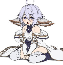  :o ahoge animal_ears bare_shoulders between_legs center_frills commentary_request female frills granblue_fantasy hair_between_eyes hand_between_legs harvin houtengeki light_purple_hair looking_at_viewer open_mouth purple_eyes short_hair sitting solo thighhighs v_arms wamdus_(granblue_fantasy) 