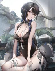  arknights bare_arms bare_shoulders black_hair black_nails black_one-piece_swimsuit blacknight_(arknights) blacknight_(summer_flower)_(arknights) blue_hair bonsai braid breasts brown_eyes casual_one-piece_swimsuit cleavage collarbone creature female highres horns long_hair looking_at_viewer masai_no_senshi medium_breasts mole mole_on_arm mole_on_breast mole_under_eye multicolored_hair nail_polish one-piece_swimsuit parted_lips plant pointy_ears sitting smile solo swimsuit tail tassel thigh_strap two-tone_hair very_long_hair 