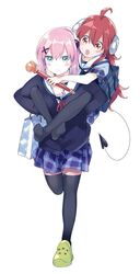  2girls artist_request black_thighhighs blue_skirt carrying carrying_person check_source chiyoda_momo commentary demon_girl demon_horns demon_tail green_eyes highres horns leg_lock long_hair machikado_mazoku medium_hair multiple_girls no_shoes orange_eyes piggyback pink_hair red_hair school_uniform skirt source_request tail thighhighs white_background white_horns yoshida_yuuko_(machikado_mazoku) yuri 