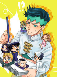  3girls 6+boys chibi crop_top diamond_wa_kudakenai gakuran green_eyes green_hair headband heaven&#039;s_door higashikata_josuke hirose_koichi holding holding_pencil jacket jojo_no_kimyou_na_bouken joseph_joestar joseph_joestar_(old) kishibe_rohan male_focus midriff mini_person miniboy minigirl multiple_boys multiple_girls nijimura_okuyasu no_earrings notebook pencil school_uniform serafuku shizuka_joestar sugimoto_reimi sunabu white_jacket yamagishi_yukako 