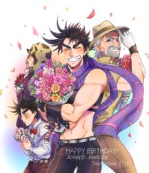  4boys abs aged_down aged_up battle_tendency beard bomber_hat bouquet brown_hair confetti crop_top diamond_wa_kudakenai facial_hair fedora flower gloves grey_hair grin groin happy_birthday hat highres jojo_no_kimyou_na_bouken joseph_joestar joseph_joestar_(old) joseph_joestar_(young) lolicon male_focus midriff multiple_boys old old_man purple_scarf ribbon scarf smile stardust_crusaders striped_clothes striped_scarf sunabu teenage triangle_print white_gloves 